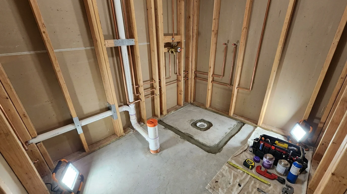 Bathroom rough-in plumbing during remodel by Johns Plumbing LLC in Danvers