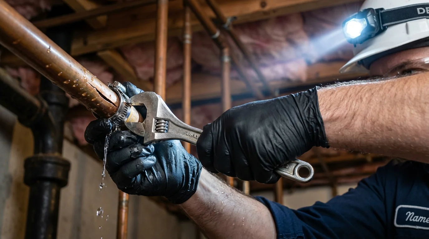 Emergency pipe clamp repair being performed by a Johns Plumbing LLC plumber in Danvers
