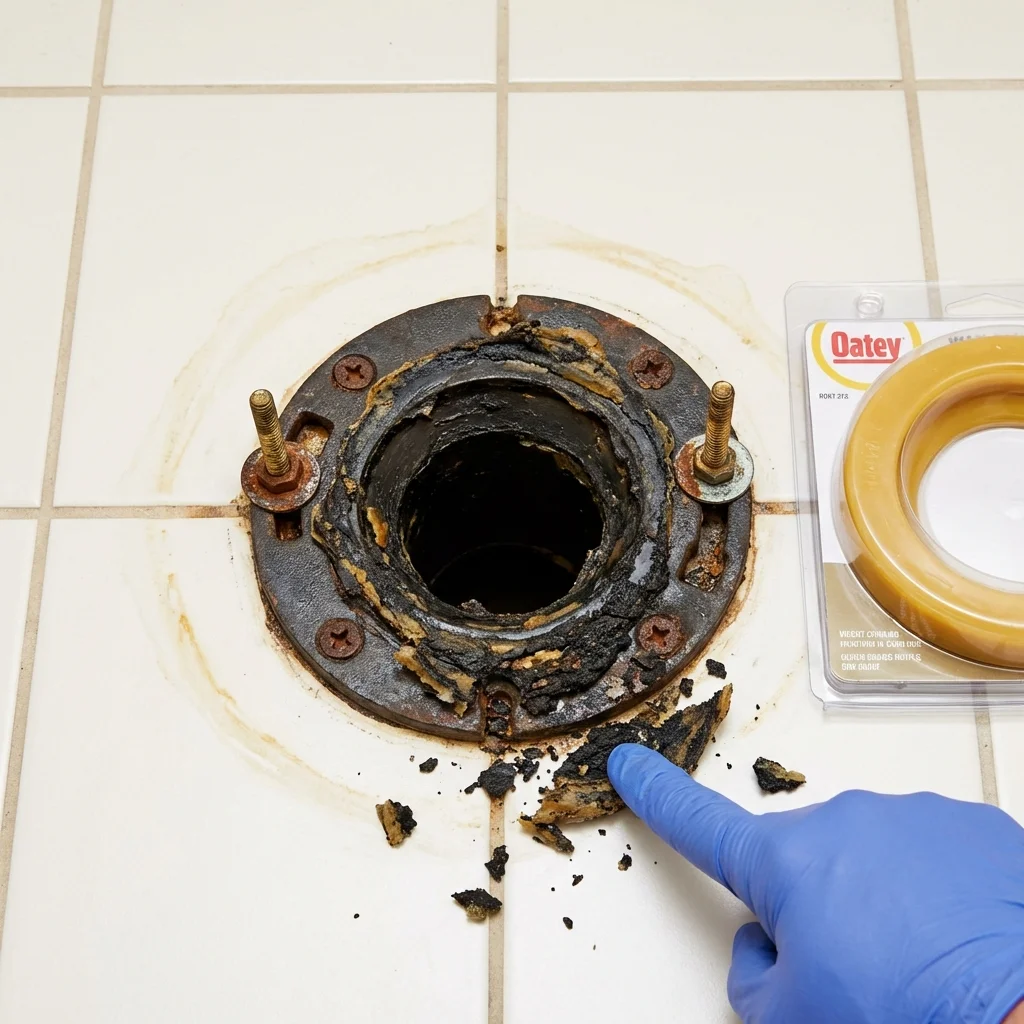 Failed wax ring showing water seepage at the base of a toilet in a Danvers, IL home