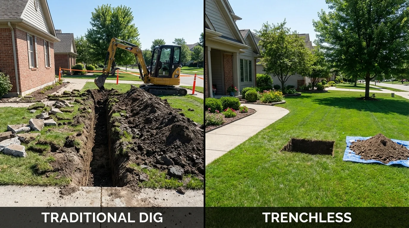 Trenchless sewer repair with minimal yard damage versus traditional excavation in Danvers, IL